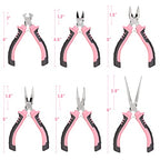COMOWARE 6-Piece Mini Pliers Set, Needle Nose, Long Nose, Bent Nose, Diagonal, End Cutting and Linesman, for Crafts Work, Electronic Repair, with Pink Pouch - color: Pink