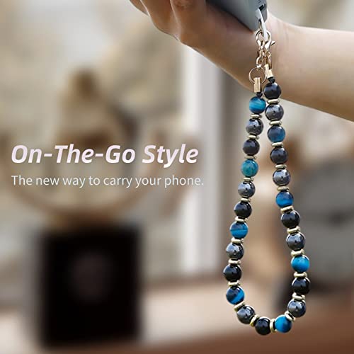 Marble Beaded Phone Wrist Strap,Detachable Phone Bracelet Strap with Tether Tab,Hands-Free Wristlet Strap (Blue Tiger’s Eye) - color: Blue Tiger’s Eye