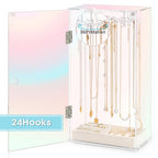 Cirhy Iridescent Acrylic Necklace Holder, Necklace Organizer with 24 Rotatable Hooks, Rainbow Jewelry Organizer Display Box with Velvet Tray for Long Necklaces Pendant Bracelets Rings Earrings