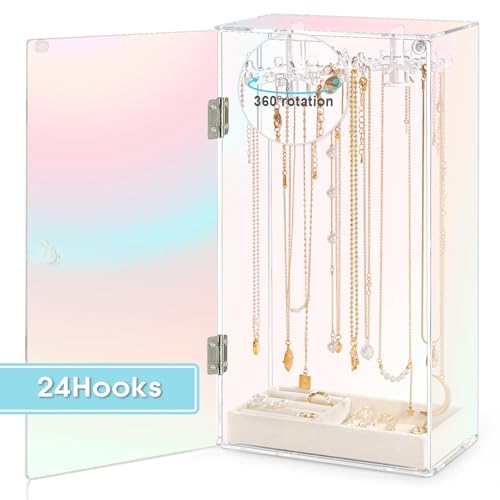 Cirhy Iridescent Acrylic Necklace Holder, Necklace Organizer with 24 Rotatable Hooks, Rainbow Jewelry Organizer Display Box with Velvet Tray for Long Necklaces Pendant Bracelets Rings Earrings