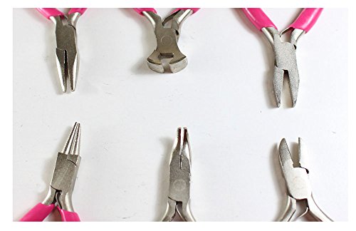 6pc Mini Plier Set | Pink Vinyl Handles | Custom Zipper Case | 3" (7.6 cm) Long | End Cutter, 2 Flat Jaws, Round Nose, Side Cutter, Curved Nose | Perfect for Ladies & Crafters