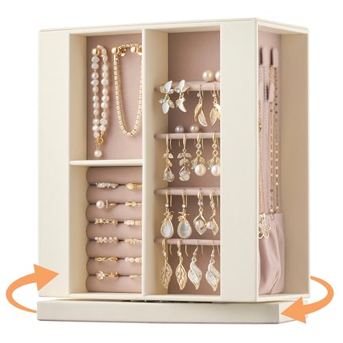Jewelry Box Organizer for Women: 360 Rotating Vertical Storage Case, Ivory Leather with Pink Velvet, Ring Necklace Bracelet Holder, Gift Decor, 10 x 8.7 x 3.9 in - color: White