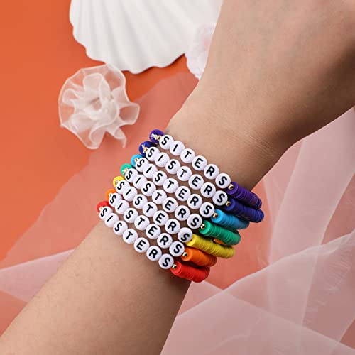 Rainbow Heishi Surfer Bracelets Set for Women Stackable Clay Beaded Bracelets Disc Stretch Preppy Bracelets Layering Colorful Friendship Bracelets Team Cheer Bulk Boho Summer Beach Jewelry Gift - style: SISTERS
