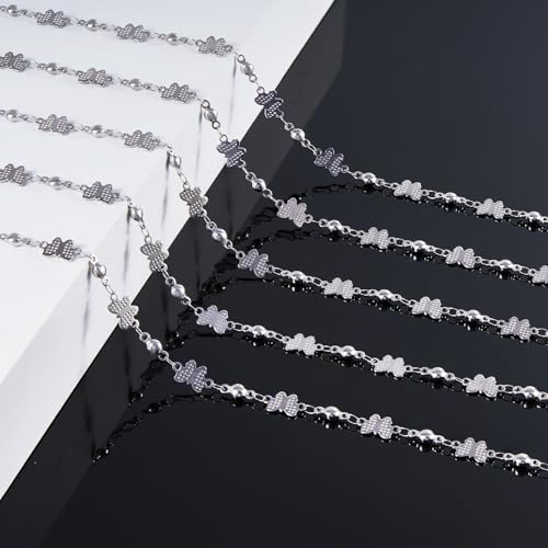 KYUNHOO Stainless Steel Beaded Chains Bulk on Roll 13 Feet Embossed Butterfly Necklace Bracelelt Jewelry Making Chain with Lobster Clasps Jump Rings - color: Butterfly Steel