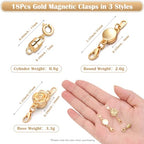 ROADPLUM 18 Pcs 3 Styles Magnetic Necklace Clasps and Closures, Rose Round Cylindrical Jewelry Magnetic Clasp Connector Locking Magnetic Clasp Bracelet Extender for Jewelry Making (Gold) - color: Gold