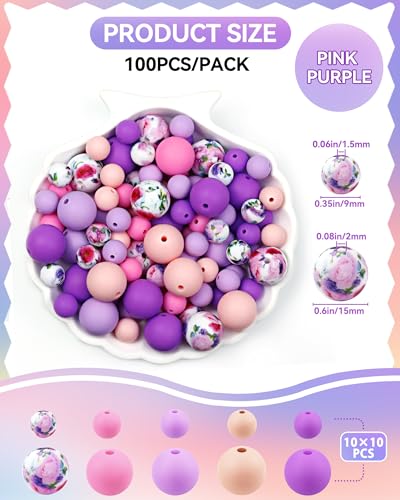 100PCS FIVEIZERO Silicone Beads for Keychain Making, 9mm & 15mm Pink Purple Mixed 5 Colors Silicone Focal Beads for Bracelets, Beadable Pens and DIY Crafts - color: Pink Purple