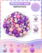 100PCS FIVEIZERO Silicone Beads for Keychain Making, 9mm & 15mm Pink Purple Mixed 5 Colors Silicone Focal Beads for Bracelets, Beadable Pens and DIY Crafts - color: Pink Purple