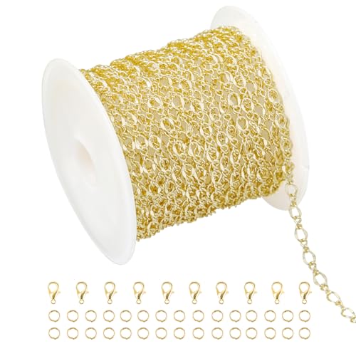 Crisjanggo 16 Feet Jewelry Making Chains 14K Gold Plated Brass Lip Chains for Women DIY Jewelry Making Supplies with Lobster Clasps and Jump Rings - color: Lip Gold