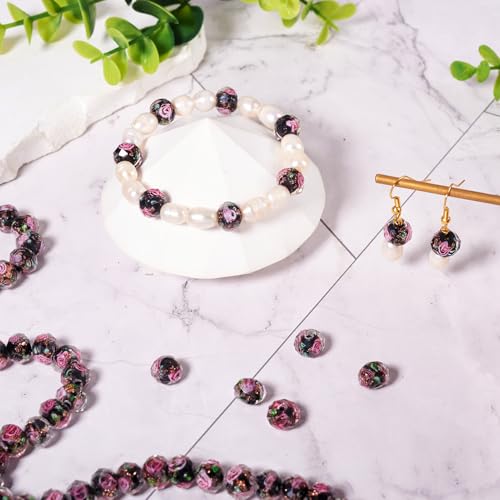 Elecrelive 60Pcs Gold Sand Lampwork Beads Black Rondelle Flower Glass Beads 10mm Floral Crystals for DIY Bracelet Necklace Earring Jewelry Making - color: Black