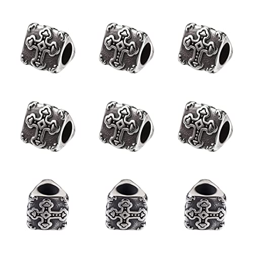 Cheriswelry 10pcs Triangular Prism 304 Stainless Steel European Large Hole Beads with Cross Antique Silver Metal Loose Spacer Beads 11x11mm for DIY Earring Bracelet Necklace Jewelry Making - color: Triangular