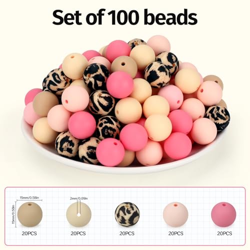 100 Pcs 15mm Silicone Beads for Keychain Making, Pink Gream Silicone Beads Bulk Round for Bracelets Pens Crafts Jewelry Making (Pink Gream) - color: Pink Gream