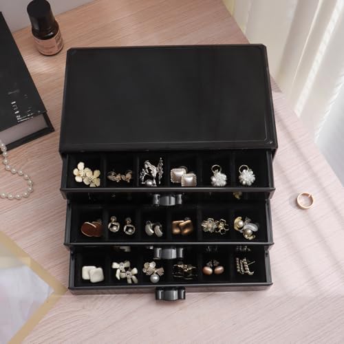 YUFONG Earring Organizer Box Acrylic Jewelry Organizer with 3 Drawers 54 Adjustable Grids Clear Stackable Earring Holder Velvet Trays Ring Display Case for Women Girls (Black Black) - color: Black Black