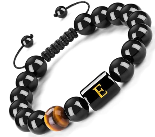 FRG Initials Bracelets for Men Letter Link Handmade Natural Black Onyx Tiger Eye Stone Beads Braided Rope Meaningful Bracelet - style: Braided rope-E