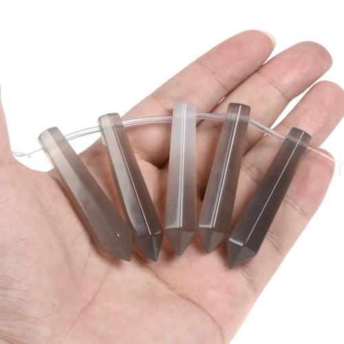 50mm Natural Grey Agate Hexagonal Wand Jewelry Making Crystal Pointed Chakra Reiki Healing Beads 2mm Hole Drilled(Pack of 5) - color: Grey Agate