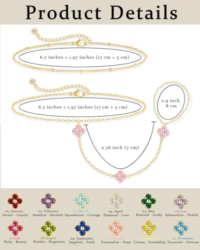 Gold Hand Chain Bracelets for Women Trendy Dainty Birthstone Clover Charm Ring Bracelet Hand Chain Set Non Tarnish 14K Gold Plated Stackable Finger Bracelets for Women Birthday Jewelry Gifts - color: 10. October(Tourmaline)