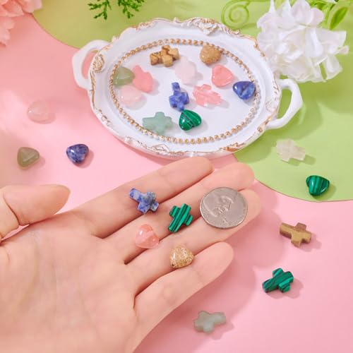 Beadthoven 24Pcs 12 Styles Heart Cross Stone Beads Colorful Natural Gemstone Crosses Crystal Bead Charm Easter Mini Small Easter Crucifix Loose Bead for Jewelry Making Crafts Bracelet Necklace Earring - color: Heart & Cross