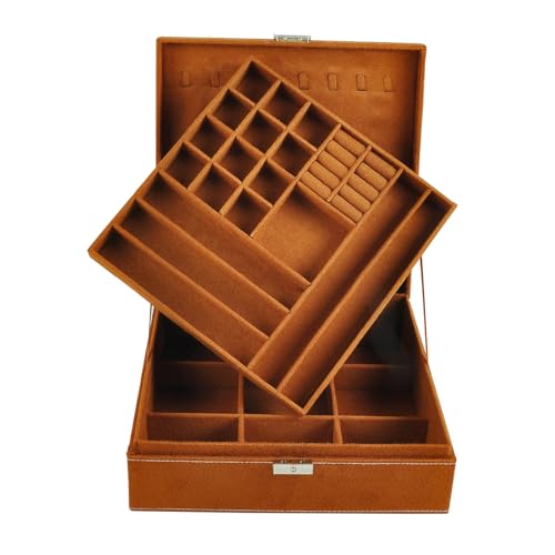 Jewelry Boxes 10 x 10 Inches 2-layer Handle Necklace Holder Organizer Jewellery Women Rings Storage Display Girls Earrings Case Lockable Jewelry Tray GY641 (Caramel) - color: Caramel