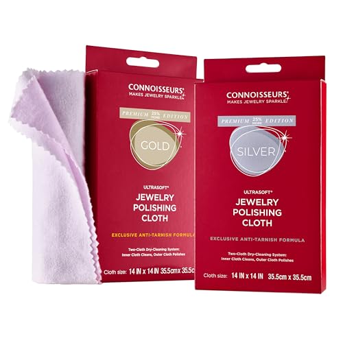 CONNOISSEURS Premium Edition Extra Large Polishing Cloth Bundle for Silver & Gold Jewelry - Ultrasoft Fabric with Anti-Tarnish Formula - (2 Pack) 14x14 Inches - style: 14 x 14 Inches - 2 Cloth - Silver and Gold