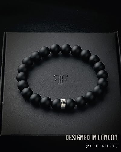 Forge & Foundry Men’s Matte Black Solid Onyx Beaded Bracelet | 10mm, 8mm, 6mm Bead Size Options | Signature Stainless Steel Engraved Bead | Andalus - color: 8mm Silver, size: Large
