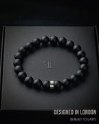 Forge & Foundry Men’s Matte Black Solid Onyx Beaded Bracelet | 10mm, 8mm, 6mm Bead Size Options | Signature Stainless Steel Engraved Bead | Andalus - color: 8mm Silver, size: Large