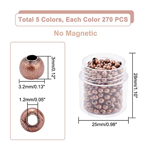 PH PandaHall 1350pcs 3mm Spacer Beads, Smooth Tiny Spacers Metal Iron Round Ball Loose Beads Gold Plated Seed Beads for Summer Hawaii Stackable Earring Necklace Bracelet Jewelry Making 5 Color