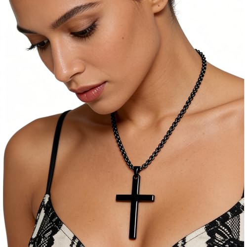 Cross Necklace for Men Silver Premium Alloy Solid Color Cross Pendant Necklace for Men Women Teens - color: Black-Stainless Steel-20inch