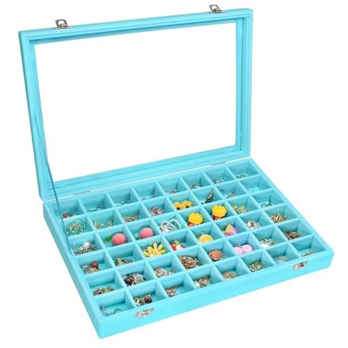 Vicoter Velvet Jewelry Tray 48 Compartments Jewelry Display Organizer with Transparent Cover Rings, Earrings, Necklaces, Pendants Storage Box for Girls, Wives, Mothers, Women - color: Light Blue, size: 48 Grid