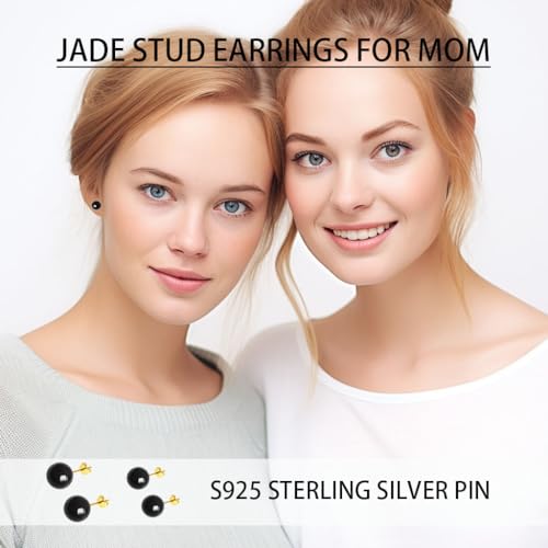 Jade Green Stud Earrings, Natural Round Beaded Agate Emerald Garnet Obsidian Gemstone Ear Studs Ball Jade Jewelry Gift, Green 8mm - color: black-6mm