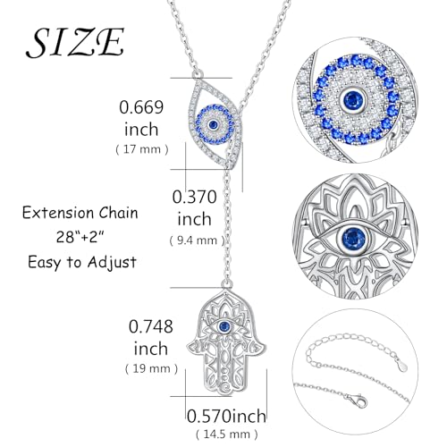 Long Necklace Sterling Silver Larait Bar Y Lariat Long Chain Drop Adjustable Necklace Gift for Her, 30" - style: Evil Eye Hamsa Hand Necklace