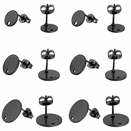 SUNNYCLUE 1 Box 30Pcs 3 Sizes Flat Round Earring Posts Stainless Steel Earring Post Ear Stud with Loop Blank Metal Earring Studs Ear Nuts for Earrings Jewelry Making DIY Women Adults Crafts Supplies - color: 15 Pairs Round Black Stud Earring Findings
