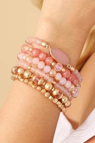 RIAH FASHION Bohemian Acrylic Druzy Multi-Layer Bead Statement Bracelet - Versatile Faux Stone Pendant Stretch Strand Stackable Cuff Bangle Set Sparkly Crystal - color: Bohemian Oval Druzy Set - Pink