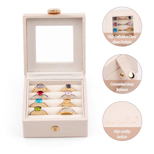 Small Leather Jewelry Box with Glass Top Mini Ring Display Case with 8 Slots for Selling Gift for Girls and Women (Pearl White) - color: PearlWhite