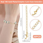 Beebeecraft 1 Box 20Pcs Golden Chain Extender Bulk Real 18K Gold Plated Brass Metal Dolphin Shaped Charm Extension Curb Chains Tails for Jewelry Making Necklaces Bracelets DIY Crafts Supplies - color: Gold-dolphin