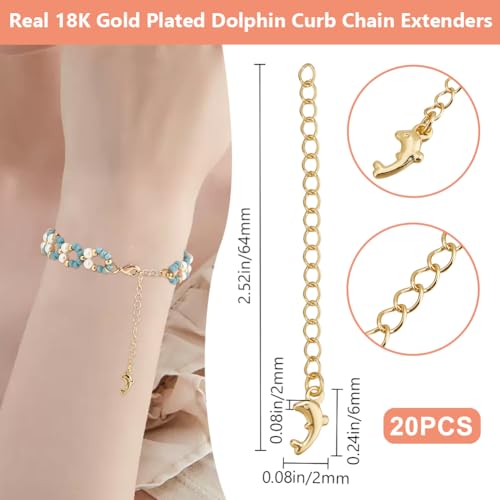 Beebeecraft 1 Box 20Pcs Golden Chain Extender Bulk Real 18K Gold Plated Brass Metal Dolphin Shaped Charm Extension Curb Chains Tails for Jewelry Making Necklaces Bracelets DIY Crafts Supplies - color: Gold-dolphin