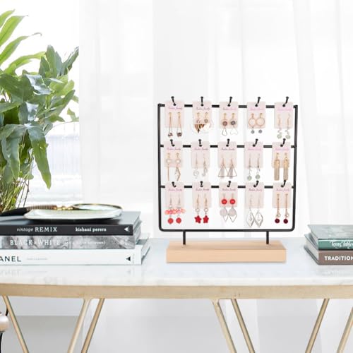 Earring Display Stands for Selling 3 Tier 15 Hooks Jewelry Display Wooden Base Earring Holder Organizer Display Stand for Necklaces Rings Bracelets Keychains (Black)