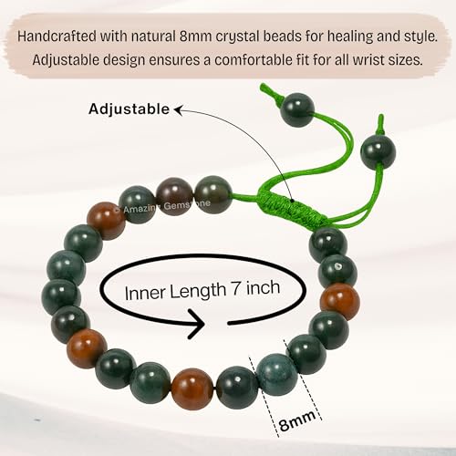 Amazing Gemstone Bloodstone Bracelet for Women Men's Gifts - Protection Healing Crystal Bracelet - 8mm Gemstone Beaded Adjustable Bracelet Pulseras Para Hombres Mujer Stocking Stuffers - color: Bloodstone