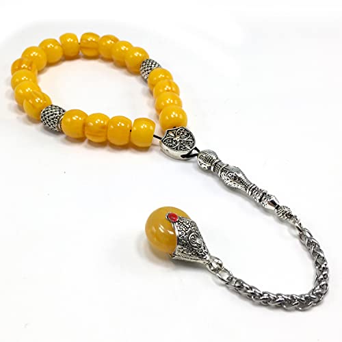 Simple Designed Natural Stone Worry Beads - Prayer Beads Tesbih-Tasbih-Tasbeeh-Misbaha-Subha-Sebha-Sibha-Rosary (Yellow Resin Drum -13X9 mm- 19 Big Beads) - color: Yellow Resin Drum -13X9 mm- 19 Big Beads