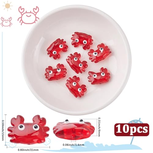 1 Box 10PCS Red Crab Glass Enamel Beads with Hole Summer Ocean Theme Marine Life Hawaii Beach Cute Sea Animal Transparent Charms Loose Spacer Bead for Jewelry Making Bracelets DIY Crafts - color: Dark Red, size: 10pcs