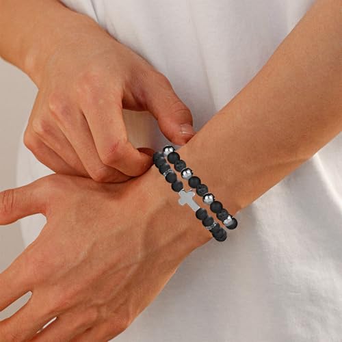 Natural Stone Bracelet 8mm Mens Black Beaded Bracelets Hematite Obsidian Onyx Lava Beads Bracelet Healing Crystal Bracelet for Men - style: Dragon