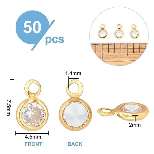 PH PandaHall 50pcs Cubic Zirconia Charms, 18K Gold Plated Round Crystal Charm Pendants Brass Crystal Pendants with Loops for Necklace Bracelet Dangle Earrings Jewelry Making DIY Crafts, 7.5x4.5mm