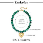 Gold Heart Pendant Necklaces for Women Colorful Acrylic Resin Beaded Choker Necklace Fashion Chunky Statement Beaded Heart Necklace - color: Dark-green