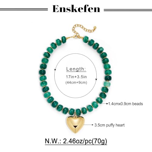Gold Heart Pendant Necklaces for Women Colorful Acrylic Resin Beaded Choker Necklace Fashion Chunky Statement Beaded Heart Necklace - color: Dark-green