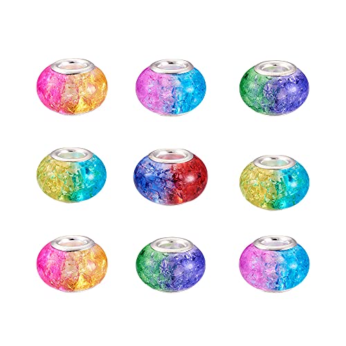 Beadthoven 100pcs Colorful Crackle European Large Hole Beads Crystal Rondelle Slide Charm Spacers with Silver Tone Metal Core for DIY Snake Chain European Bracelets Jewelry Making Mixed Color - color: Crackle Colorful Mixed Color