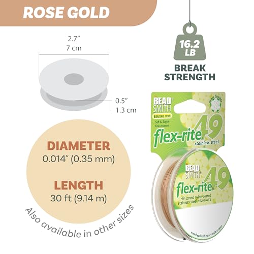 The Beadsmith Flex-Rite Beading Wire - 49-Strand Nylon-Coated Stainless-Steel Wire, 0.014" (0.35 mm) Dia, Rose Gold, 30 ft Spool, Durable Necklace & Bracelet String, for Jewelry Making Supplies - color: Rose Gold, size: .014” Dia - 30 ft