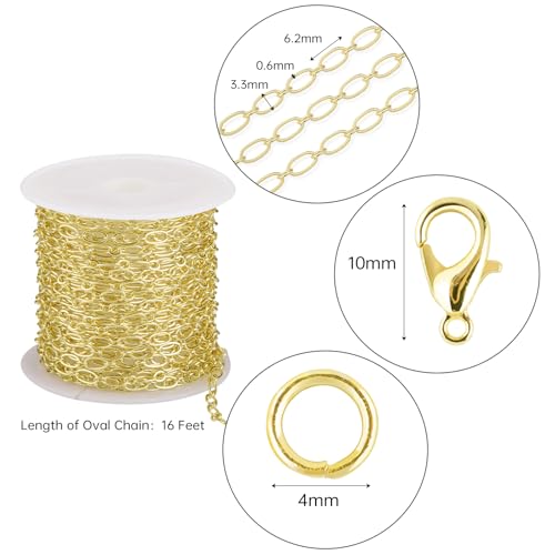 Crisjanggo 16 feet 14K Gold-Plated Brass Jewelry Making Chains Permanent Necklace Chains Roll for Jewelry Making with Jump Rings and Lobster Clasps - color: Oval Gold
