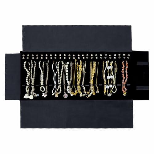 UnionPlus Velvet Travel Jewelry Roll Bag Organizer for Necklace, Elastic Band and Anti-winding, Large, Black - color: Black, size: Large