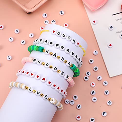 Letter Beads, DECYOOL 1900Pcs 4×7mm Wihte Black Acrylic Alphabet Beads with 1 Roll Elastic String for Bracelet Necklace - color: White&Heart