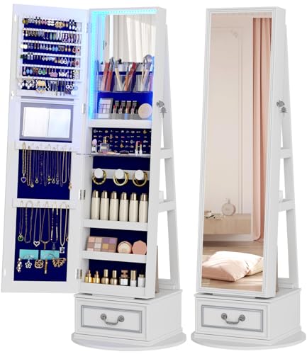 Vlsrka Mirror Jewelry Cabinet Standing, 360° Swivel Jewelry Armoire with Full Length Mirror, Lockable Mirror with Jewelry Storage, 3-Color LED Lights, Foldable Makeup Shelf, White - color: White-1