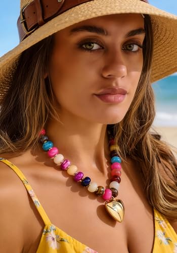 Gold Heart Pendant Necklaces for Women Colorful Acrylic Resin Beaded Choker Necklace Fashion Chunky Statement Beaded Heart Necklace - color: Colorful