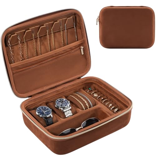 ProCase Mens Extra Large Jewelry Storage Case, 3 Slots Travel Watch Accessories Carrying Box, Glasses Necklaces Rings Bracelets Zippered Organizer Bag for Male -Brown - color: Brown, size: Extra Large